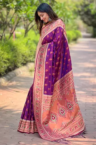 Purple Original Maharashtrian Meenakari Paithani Silk Zari Woven Saree