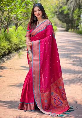 Pink Contrast Zari Woven Chaand Yeola Paithani Silk Blend Saree 1