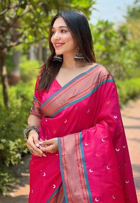 Pink Contrast Zari Woven Chaand Yeola Paithani Silk Blend Saree 2