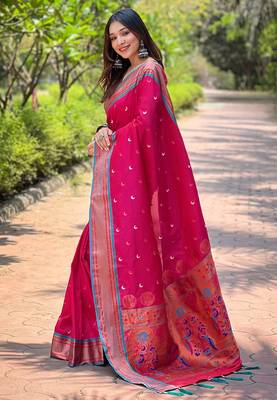 Pink Contrast Zari Woven Chaand Yeola Paithani Silk Blend Saree 3