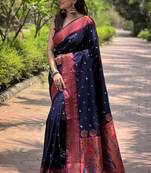 Navy Blue Contrast Zari Woven Chaand Yeola Paithani Silk Blend Saree