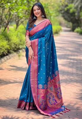 Blue Paithani Silk Zari Woven Saree For Weddings and Celebrations 1