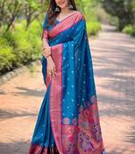 Blue Paithani Silk Zari Woven Saree For Weddings and Celebrations