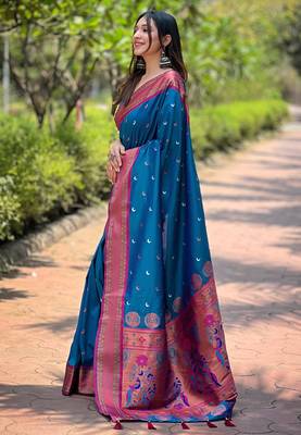 Blue Paithani Silk Zari Woven Saree For Weddings and Celebrations 2