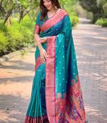 Peacock Blue Contrast Zari Woven Chaand Yeola Paithani Silk Blend Saree