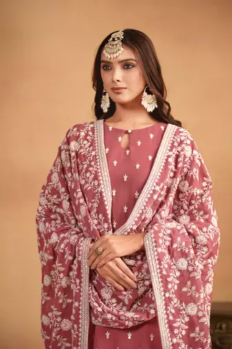 dusty embroidered pink faux georgette salwar suit with Dupatta