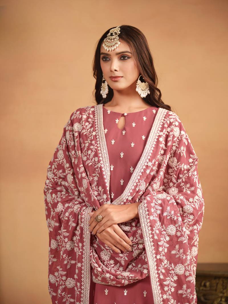 dusty pink color  faux georgette salwar suits with faux georgette dupatta