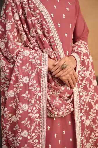 dusty embroidered pink faux georgette salwar suit with Dupatta