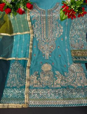 Green embroidered faux georgette semi stitched salwar suit 3