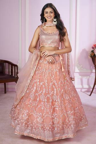 delightful peach pink sequins thread badla zari embroidered soft net fabric indian designer wedding lehenga dress