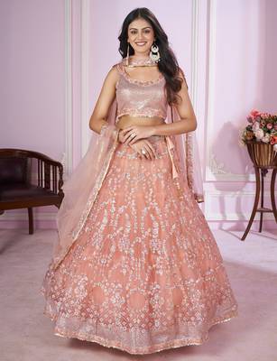 delightful peach pink sequins thread badla zari embroidered soft net fabric indian designer wedding lehenga dress 1