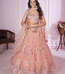 delightful peach pink sequins thread badla zari embroidered soft net fabric indian designer wedding lehenga dress