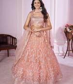 delightful peach pink sequins thread badla zari embroidered soft net fabric indian designer wedding lehenga dress