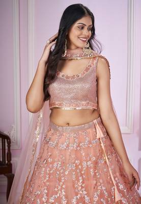delightful peach pink sequins thread badla zari embroidered soft net fabric indian designer wedding lehenga dress 3
