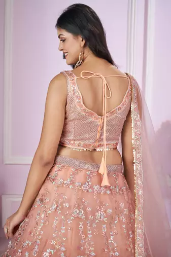delightful peach pink sequins thread badla zari embroidered soft net fabric indian designer wedding lehenga dress