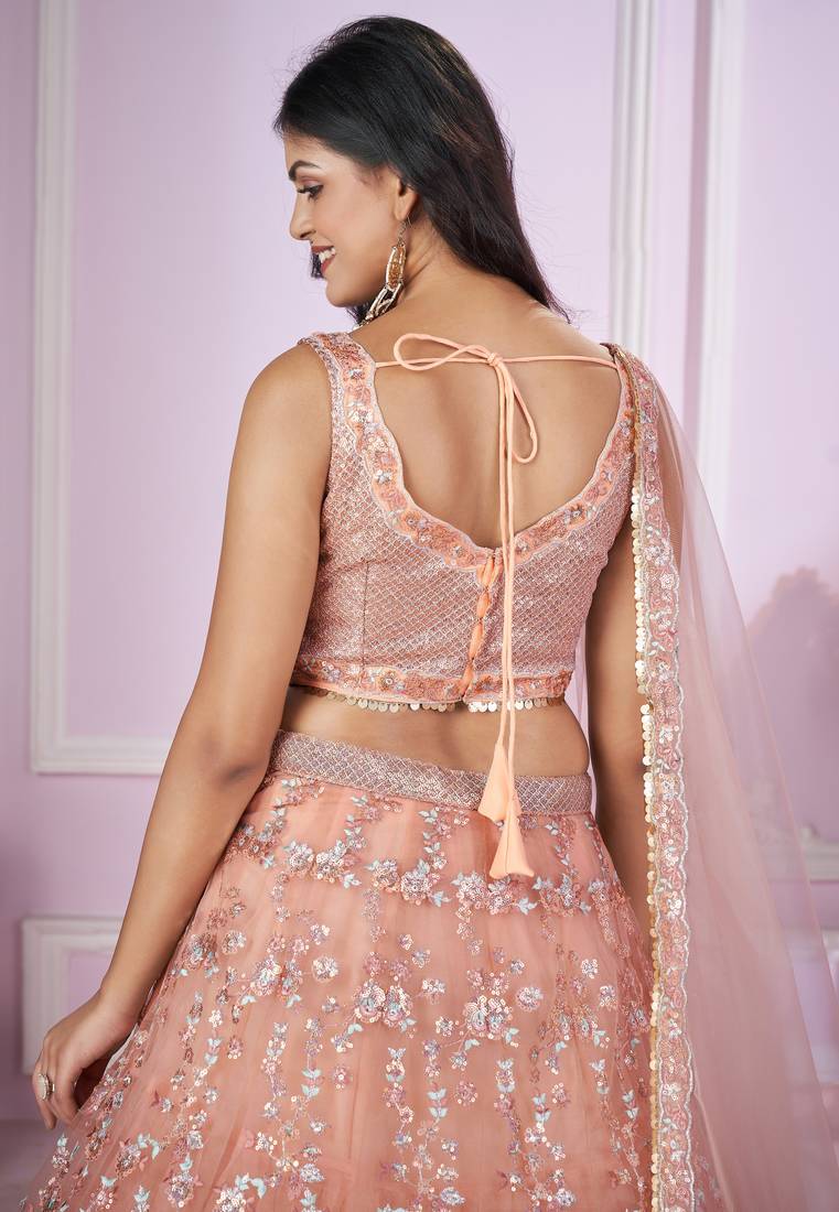 delightful peach pink sequins thread badla zari embroidered soft net fabric indian designer wedding lehenga dress