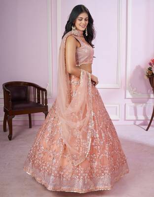 delightful peach pink sequins thread badla zari embroidered soft net fabric indian designer wedding lehenga dress 5