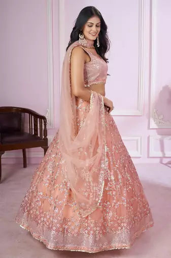 delightful peach pink sequins thread badla zari embroidered soft net fabric indian designer wedding lehenga dress