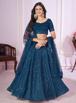 Blue Sequins And Thread Embroidered Georgette Lehenga Choli For Wedding 1