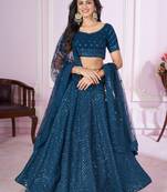 Blue Sequins And Thread Embroidered Georgette Lehenga Choli For Wedding