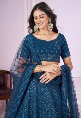 Blue Sequins And Thread Embroidered Georgette Lehenga Choli For Wedding 3