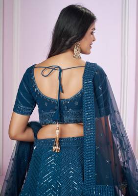 Blue Sequins And Thread Embroidered Georgette Lehenga Choli For Wedding 4