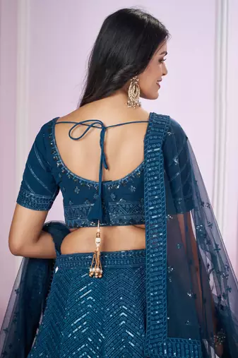 Blue Sequins And Thread Embroidered Georgette Lehenga Choli For Wedding