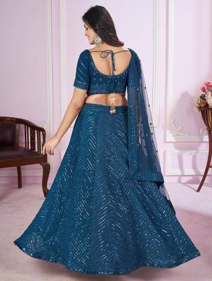 Blue Sequins And Thread Embroidered Georgette Lehenga Choli For Wedding 5