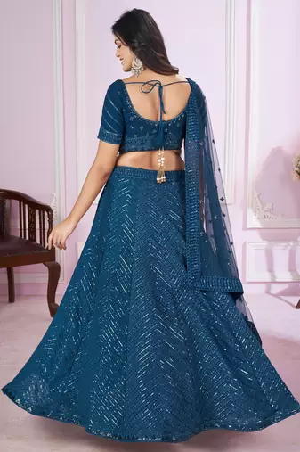 Blue Sequins And Thread Embroidered Georgette Lehenga Choli For Wedding