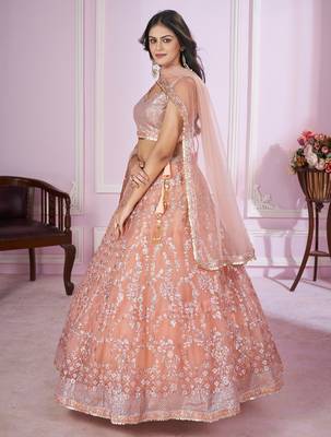 delightful peach pink sequins thread badla zari embroidered soft net fabric indian designer wedding lehenga dress 6