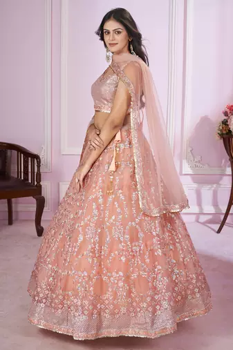 delightful peach pink sequins thread badla zari embroidered soft net fabric indian designer wedding lehenga dress
