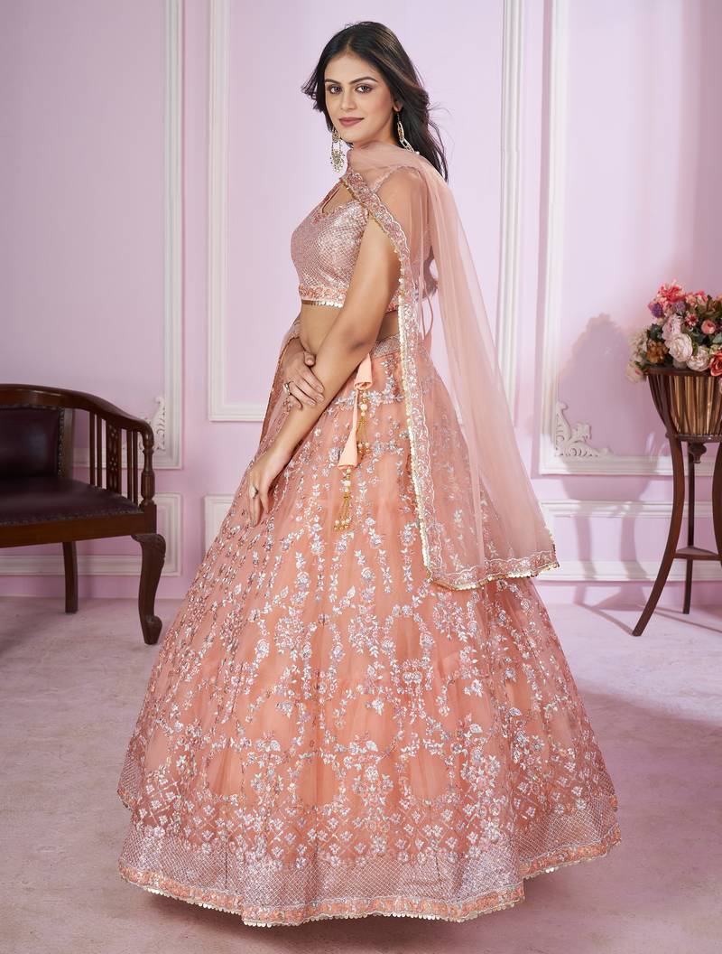 delightful peach pink sequins thread badla zari embroidered soft net fabric indian designer wedding lehenga dress