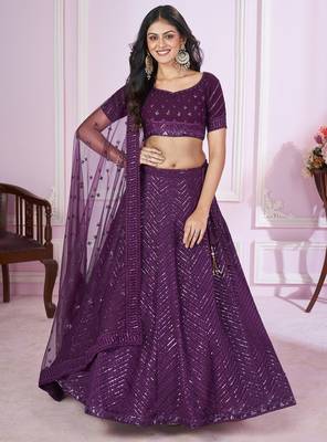 Purple Sequins And Thread Embroidered Georgette Lehenga Choli For Bride 1