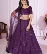 Purple Sequins And Thread Embroidered Georgette Lehenga Choli For Bride