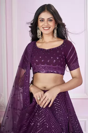 Purple Sequins And Thread Embroidered Georgette Lehenga Choli For Bride