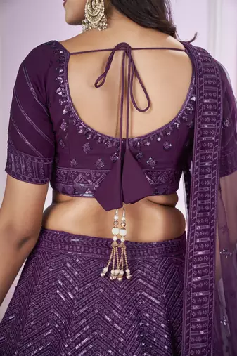 Purple Sequins And Thread Embroidered Georgette Lehenga Choli For Bride