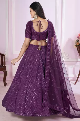 Purple Sequins And Thread Embroidered Georgette Lehenga Choli For Bride