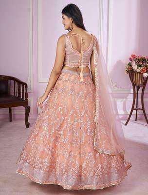 delightful peach pink sequins thread badla zari embroidered soft net fabric indian designer wedding lehenga dress 7
