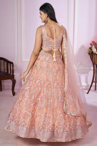 delightful peach pink sequins thread badla zari embroidered soft net fabric indian designer wedding lehenga dress