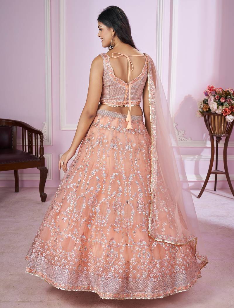 delightful peach pink sequins thread badla zari embroidered soft net fabric indian designer wedding lehenga dress