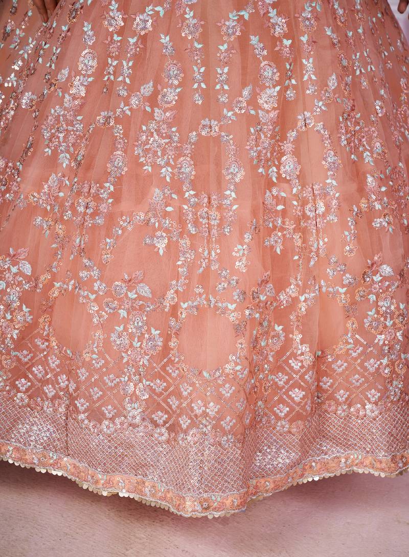 delightful peach pink sequins thread badla zari embroidered soft net fabric indian designer wedding lehenga dress