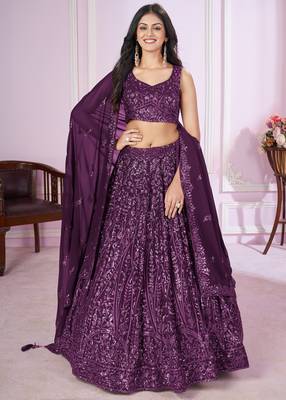 Purple Sequins And Thread Embroidered Georgette Lehenga Choli For Bride 1