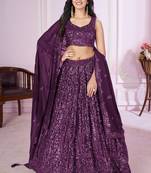 Purple Sequins And Thread Embroidered Georgette Lehenga Choli For Bride