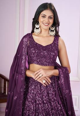 Purple Sequins And Thread Embroidered Georgette Lehenga Choli For Bride 3