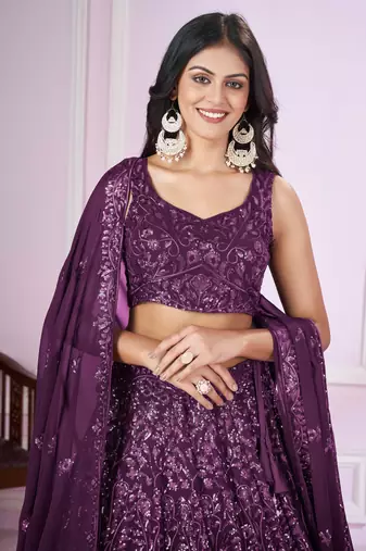 Purple Sequins And Thread Embroidered Georgette Lehenga Choli For Bride