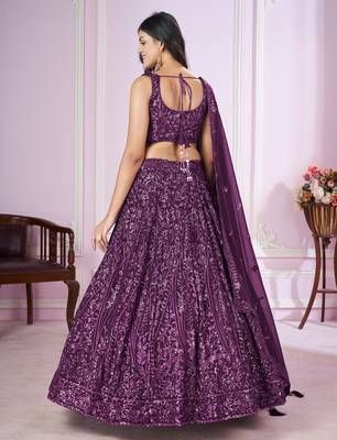 Purple Sequins And Thread Embroidered Georgette Lehenga Choli For Bride 5