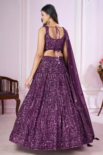 Purple Sequins And Thread Embroidered Georgette Lehenga Choli For Bride