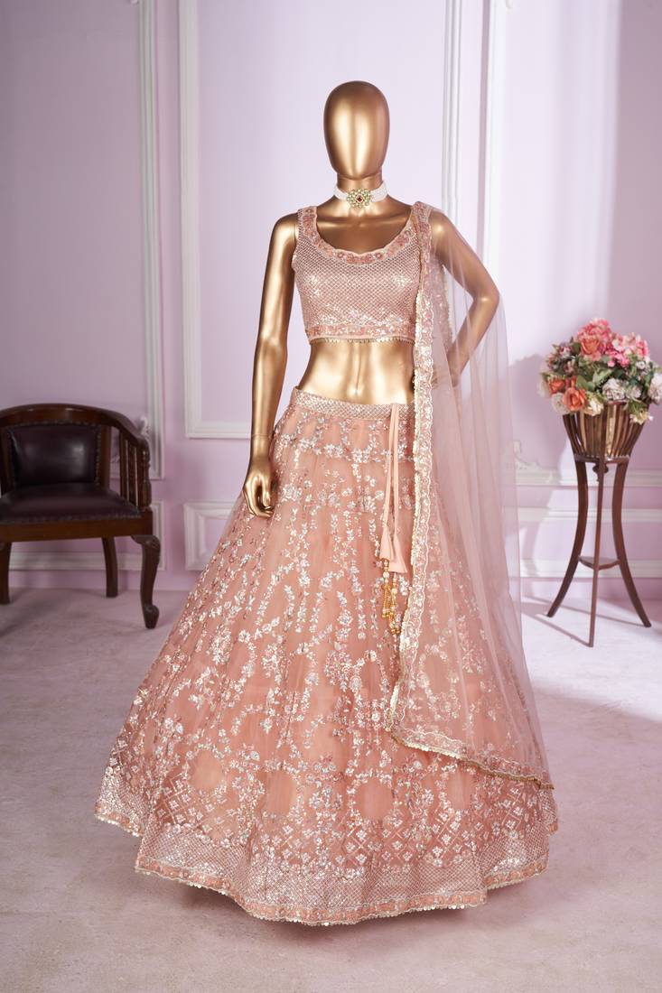 delightful peach pink sequins thread badla zari embroidered soft net fabric indian designer wedding lehenga dress