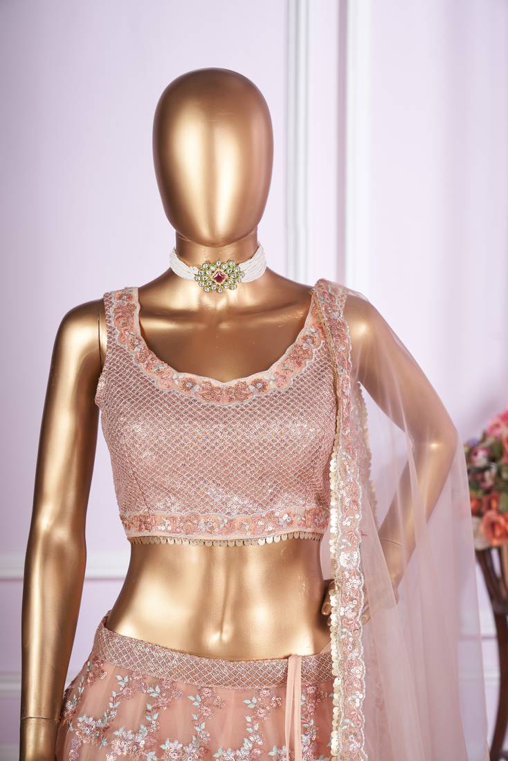 delightful peach pink sequins thread badla zari embroidered soft net fabric indian designer wedding lehenga dress
