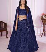 Navy Blue Georgette Sequin and Thread Embroidered Lehenga